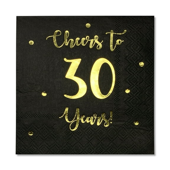 Cheers to 30 Years Cocktail Napkins | Happy 30th Birthday Decorations for Men and Women and Wedding Anniversary Party Decorations | 50-Pack 3-Ply Napkins | 5 x 5 inch folded (Black)