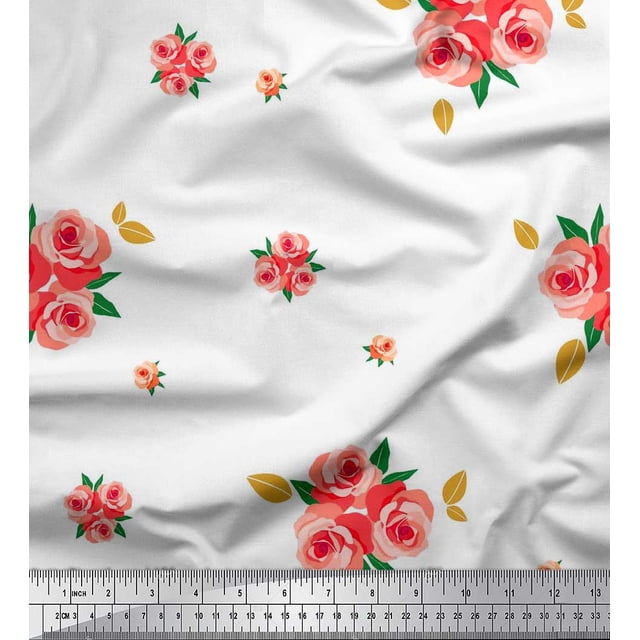 Soimoi Poly Georgette Fabric Leaves & Rose Flower Print Sewing Fabric Yard 52 Inch Wide