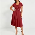 thumbnail image 4 of Erwazi Dresses for Women Solid V Neck Short Sleeve Dress Belt Waist Trendy Outdoor Everyday Summer Casual Wear Midi Dresses, 4 of 6
