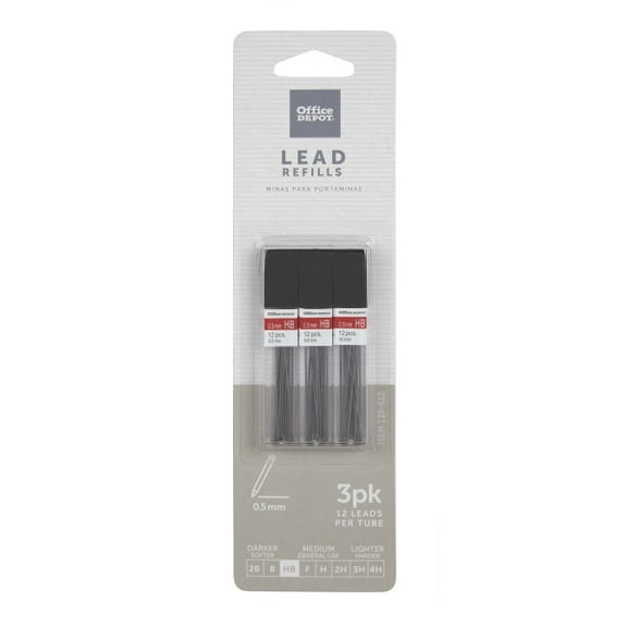 Office Depot® Brand Lead Refills, 0.5 mm, HB Hardness, Tube Of 12 Leads, Pack Of 3 Tubes