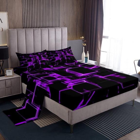 Erosebridal Purple Plaid Sheet Set Twin,Futuristic Cubes Bedding Sets Twin Size,Breathable Bed Sheets Twin,Buffalo Decoration,3pcs