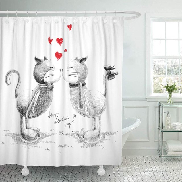 ABPHQTO Negro San Valentín Dibujado a mano Gatos enamorados Beso blanco Pareja Dibujo Dibujos animados Boceto Arco Cortina de ducha Cortina de baño 165x180 cm ABPHQTO PKNMT66x72Shower-13804