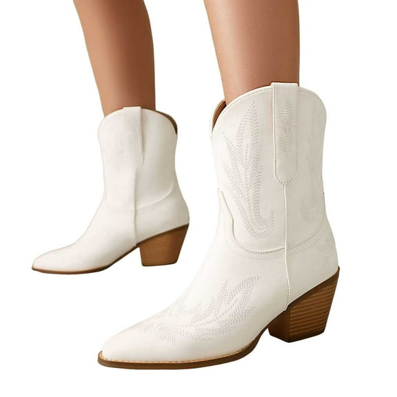 Embroidered Wide Calf Cowboy Boots for Women Vintage Pointed Toe Mid Heels Winter Fall Short Dress Cowgirl Booties