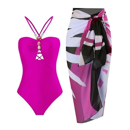 Stephy Women Casual Abstract Floral Print 1 Swimwear+1 Cover Up Two Vintage Print Swimsuit Monokini Bikini 2 Swimsuits Two  Pink Women s Two Piece Swimsuits  M