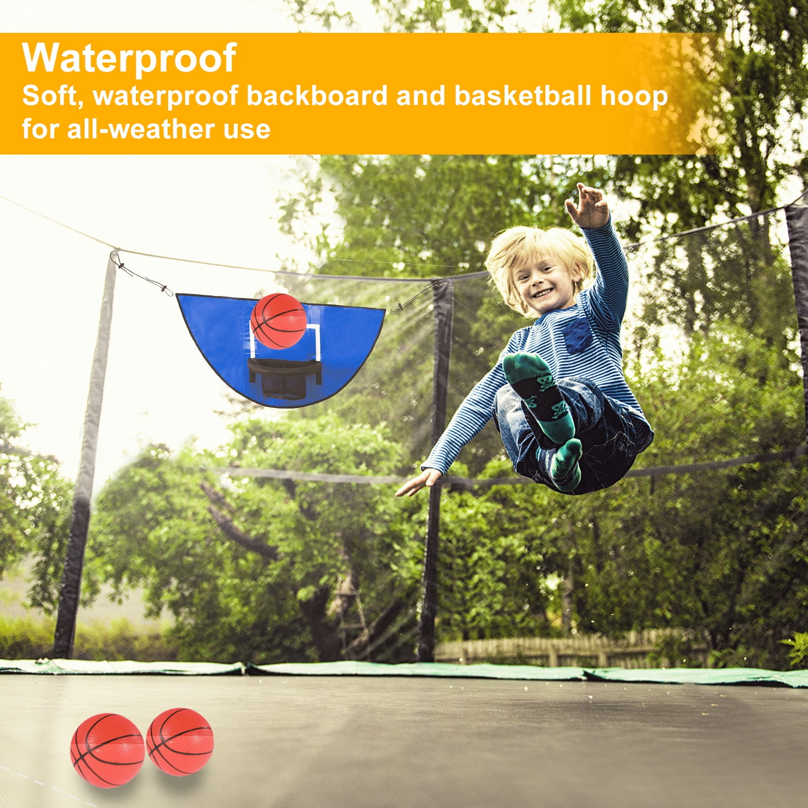Trampoline Basketball Hoop with 3 Mini Basketball, Pump and Adjustable Length Drawstring, Waterproof Universal Basketball Hoop for Trampoline