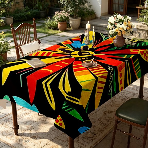 Dark Sunburst Oversized Bright Bloom & Leaf Hand‑Painted Pattern Table Cover,35x55/55x55/55x70/60x86/60x94/60x102 inch,Polyester,Kitchen Dining Living Room Home Decor