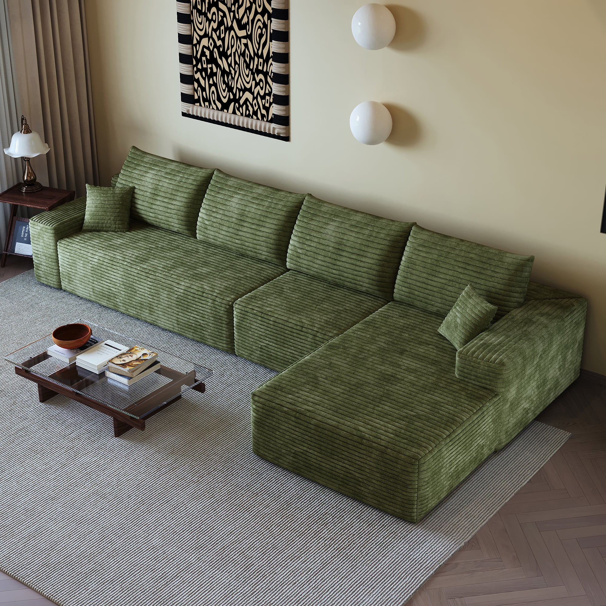 MAYEERTY 135" Cloud Sectional Couch with L-Shape Chaise, Modern Modular Deep Seat Sofa, No Assembly Plush Corduroy Fabric, Green (3 packages)