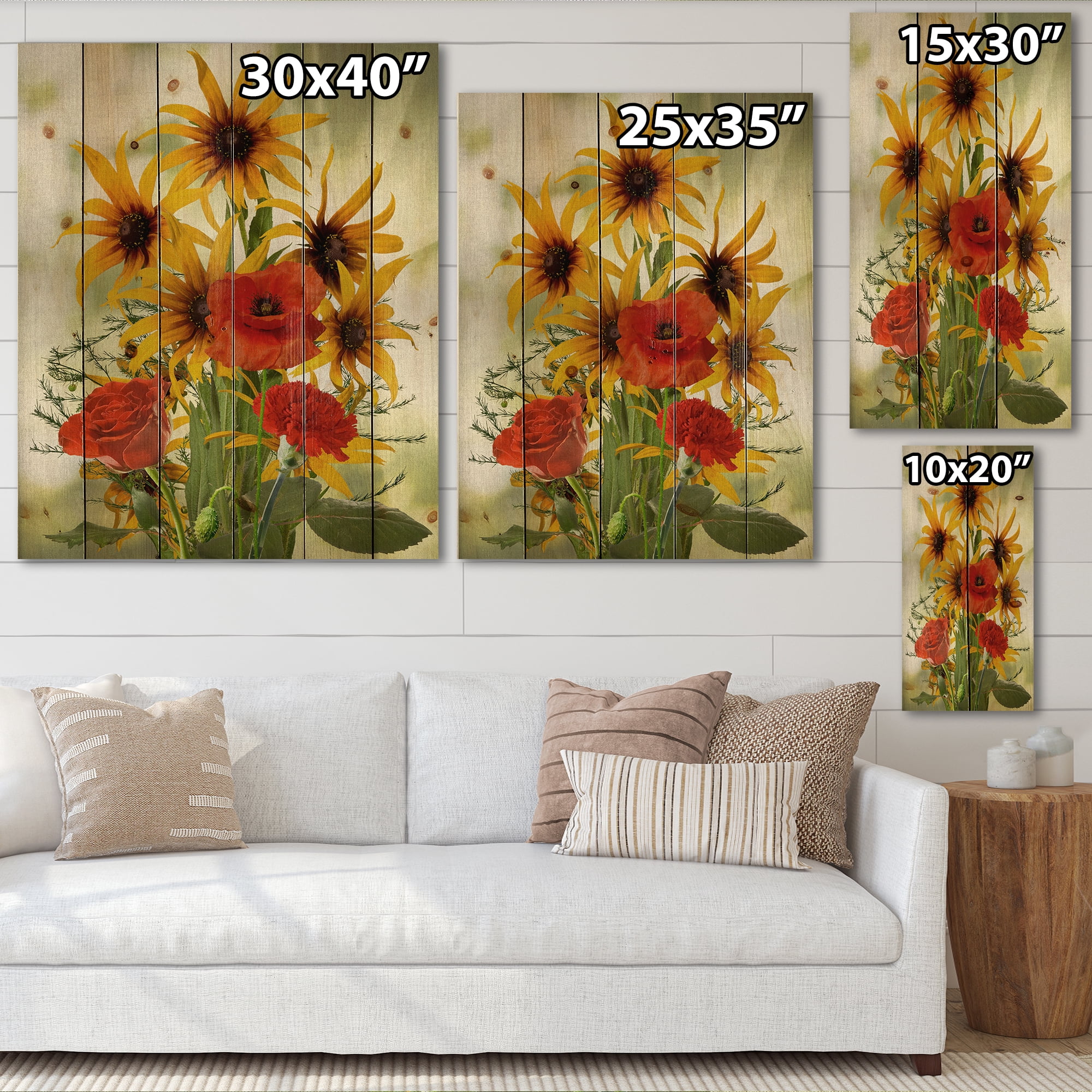Designart 'Poppies and Sunflowers In The Wild' Traditional Print on Natural Pine Wood