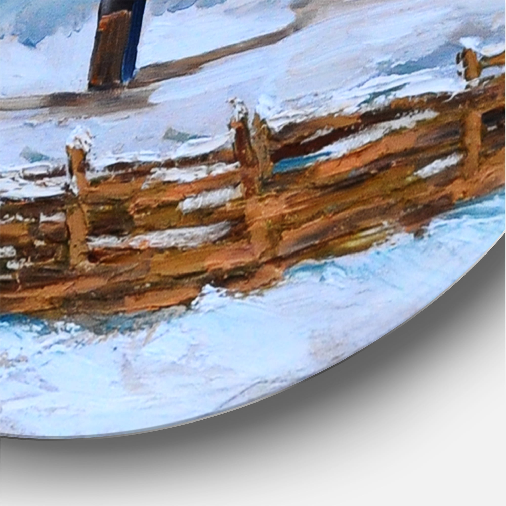 Designart 'Traditional Cottage Covered With Snow In Winter I' Traditional Circle Metal Wall Art 29x29 - Disc of 29
