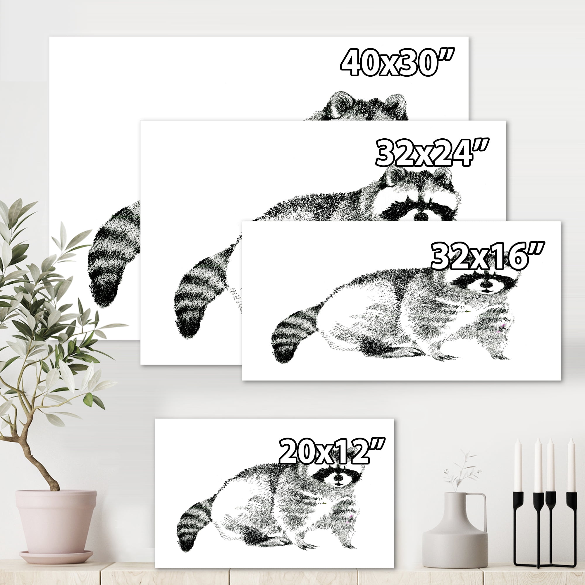 Designart ' Black and White Portrait Of Raccoon ' Farmhouse Canvas Wall Art Print