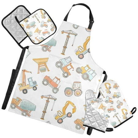 Ryvnso Construction Crane and Backhoe Kitchen Apron Oven Mitts Set Pot Holders