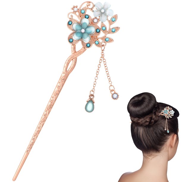 Palillo para el cabello vintage estilo clásico chino con flores y diamantes de imitación, accesorio para el cabello