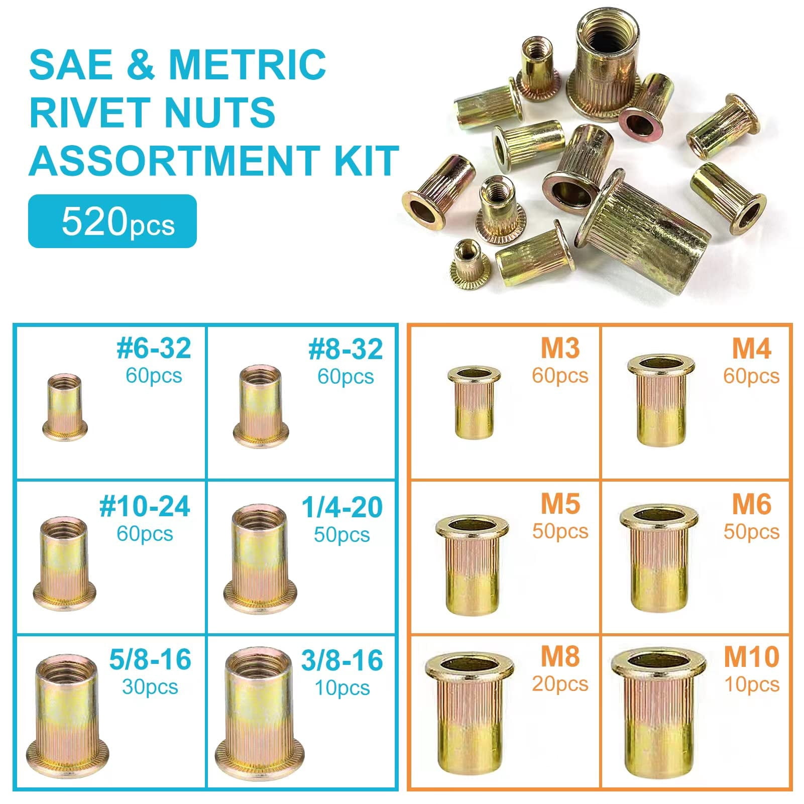 iMeshbean 520PCS Zinc Steel Rivet Nut Rivnut Insert Nutsert Kit SAE&Metric Threaded Rivets