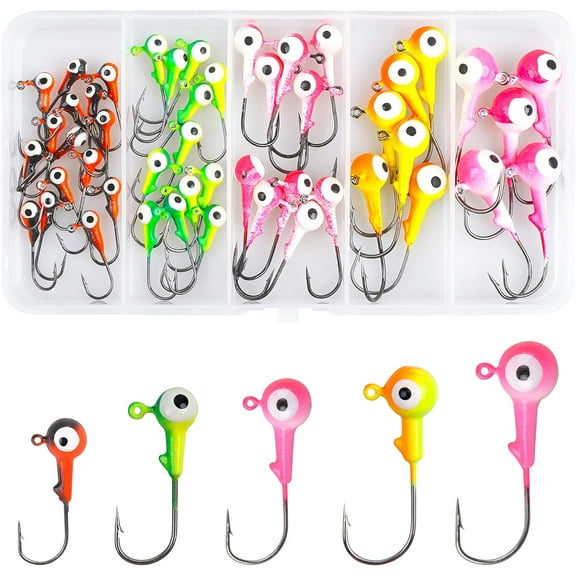 OROOTL Jig Heads Fishing Hooks Kit, 48pcs Round Ball Fishing Lures Jig Head Hooks Assorted with 3D Eyes Sharp Fishing Hooks for Crappie Bass Freshwater Saltwater Fishing Jig Kit