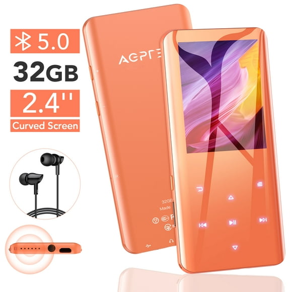 AGPTEK 32GB Lecteur MP3 avec 2,4" Écran Incurvé, Lecteur de Musique avec Haut-Parleur Son Sans Perte, Radio FM, Enregistreur de Voix, Bluetooth 5.0 (A19 - Orange)