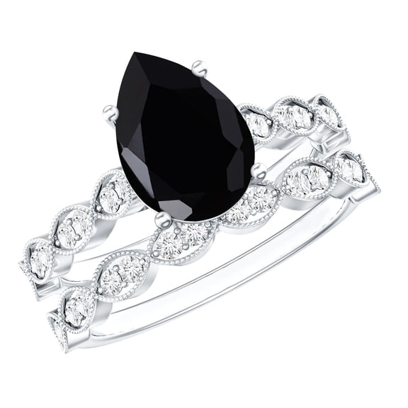 Rosec Jewels Lab Grown Black and White Diamond Wedding Ring Set - 4.8 Carat Pear Shape Engagement Ring with Band - AAAA Grade, 925 Sterling Silver, US 4.00