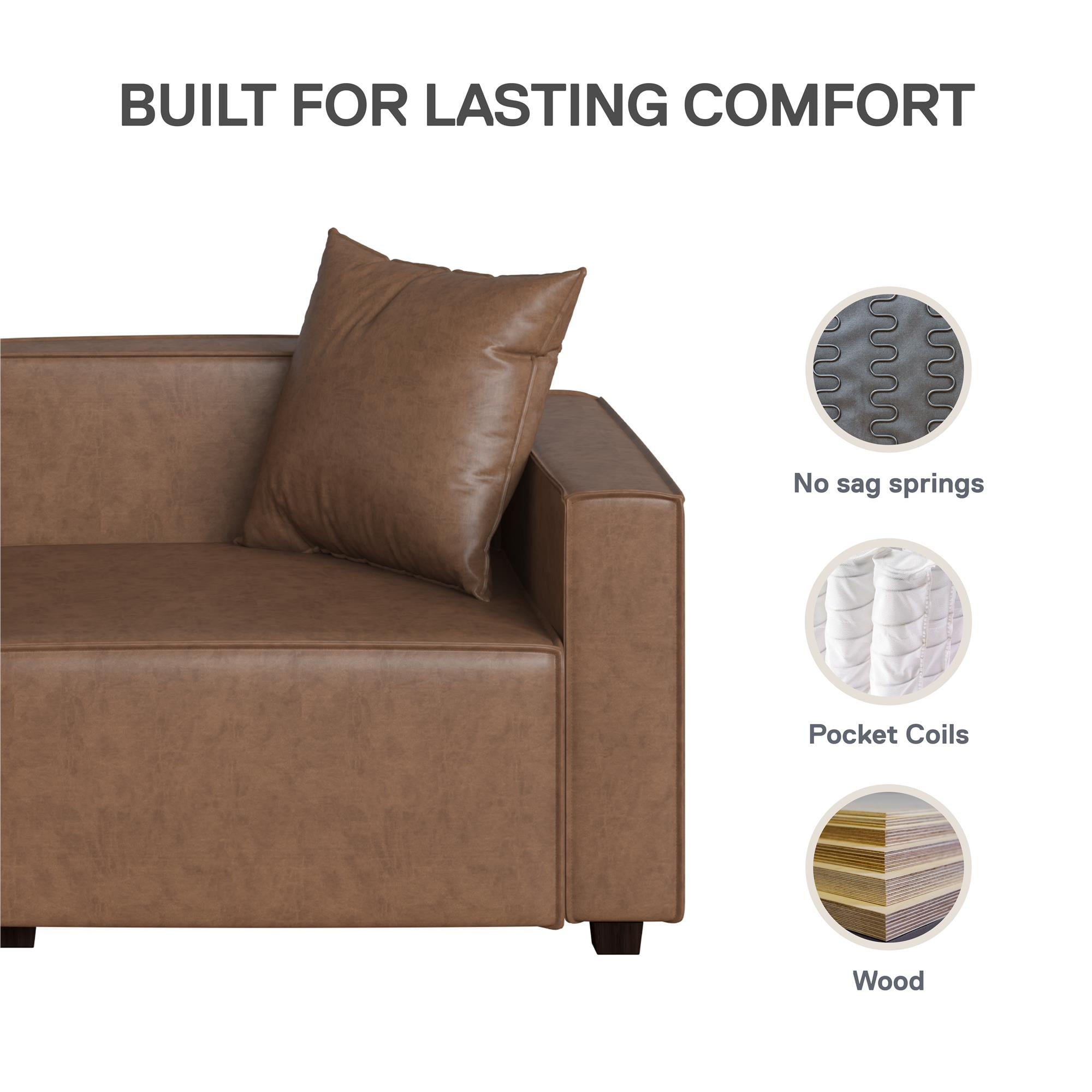 Mainstays Wynnewood 75" Low Profile Faux Leather Sofa Couch with 2 Throw Cushions, Brown