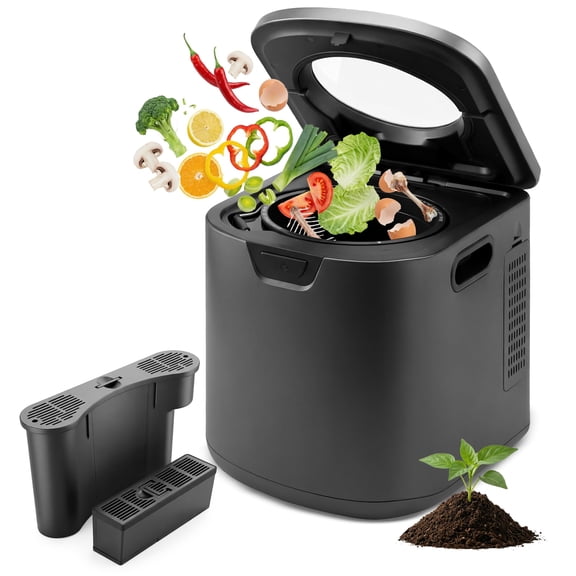 NutriChef 4-Quart Electric Kitchen Composter, Smart Countertop Indoor Compost Bin with 2 Odorless Carbon Filters, 3 Volume Modes, Gray