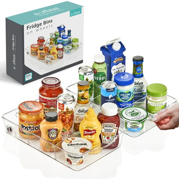 Sorbus 2-Pack Large Fridge Organizer on Wheels - Clear Roll-Out Storage with Dividers & Handles for Kitchen Organization