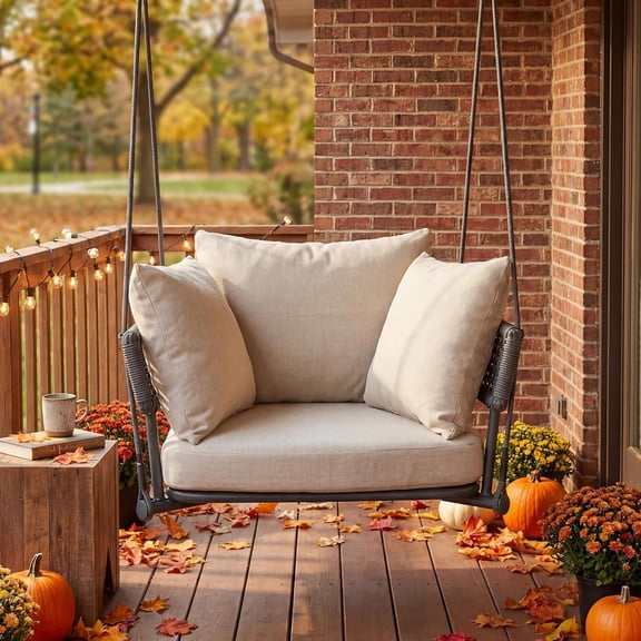 Single Porch Swings Chair with Cushions, Hanging Rope Swing, Hanging Chair for Bedroom, Hammock Chairs Swing Indoor & Outdoor, Macrame Hanging Swinging, Patio, Balcony, Beige