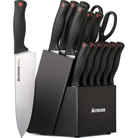 Mojitor Knife Set, 15 Pieces Kitchen knives Set with Built-in Sharpener, High Carbon German Stainless Steel Chef Knife Block Sets, Sharp & Rust Resistant Dishwasher Safe, Black