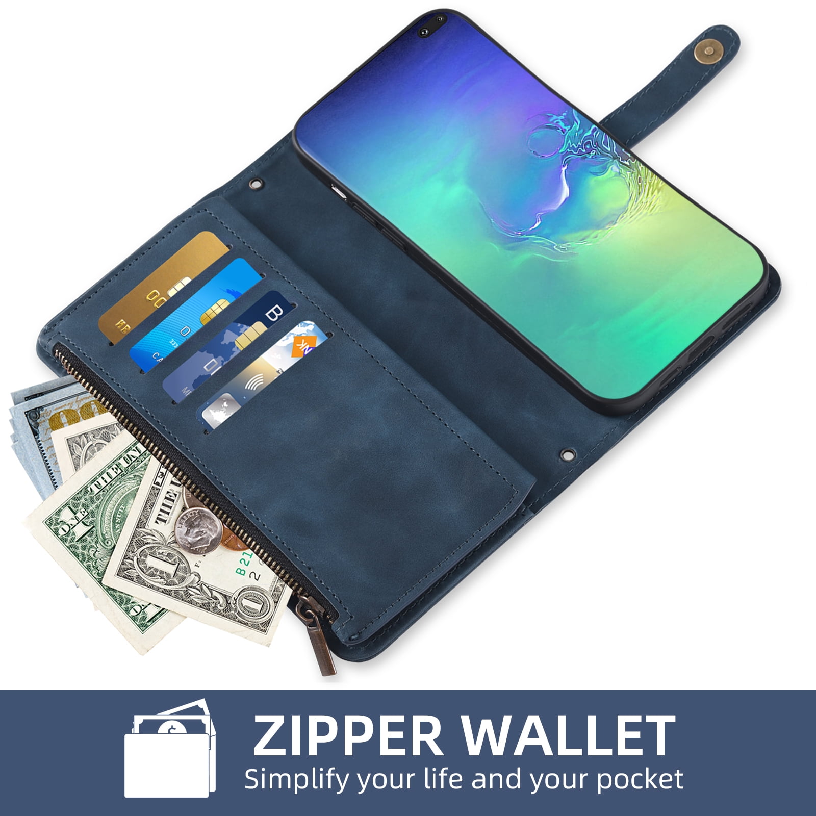 Asuwish Phone Case for Samsung Galaxy S10 Plus Wallet Cover With Tempered Glass Screen Protector Crossbody Wrist Strap Flip Pattern Zipper Card Holder Cell S10+ S10plus 10S Edge S 10 10plus Men Blue