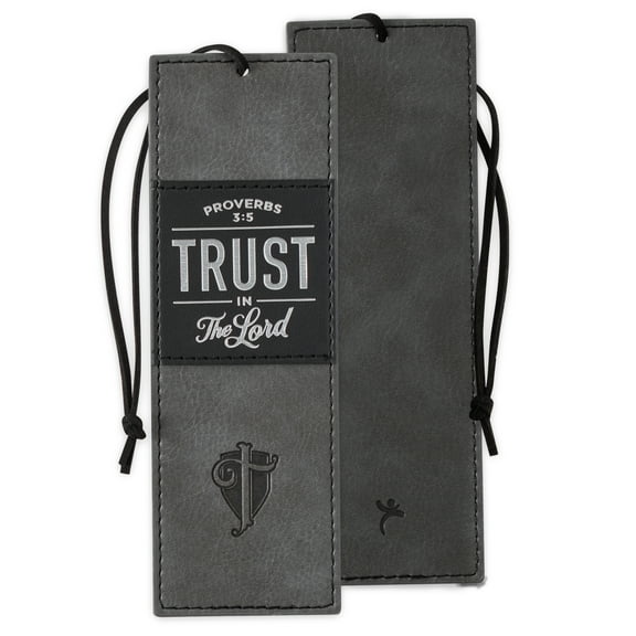 Christian Art Gifts Black Charcoal Gray Faux Leather Bookmark for Men: Trust in the Lord - Proverbs 3:5 Inspiring Bible Verse, Heat-debossed w/Silver Foil Accents Cross, Shield and Sturdy Leather Cord