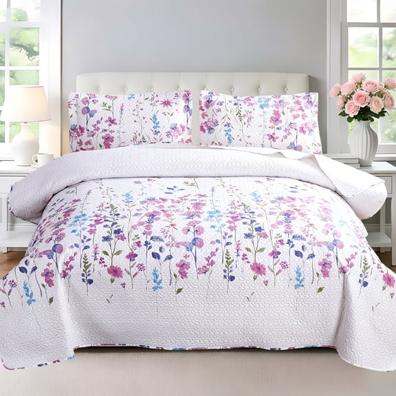 Jessy Home Floral Quilts Queen/Full Purple Lilac Flower Bedding Microfiber Bedspread Set