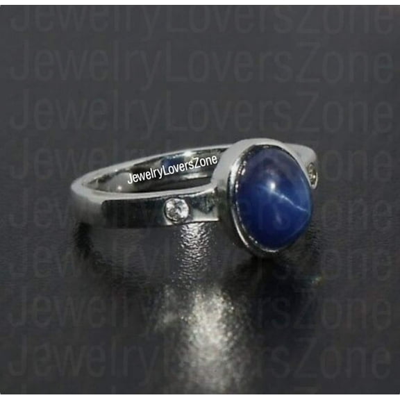 JewelryLoversZone 925 Sterling Silver Blue Star Sapphire Ring, Retro Design Ring Handmade Jewelry Perfect for Engagement, Wedding Silver 3