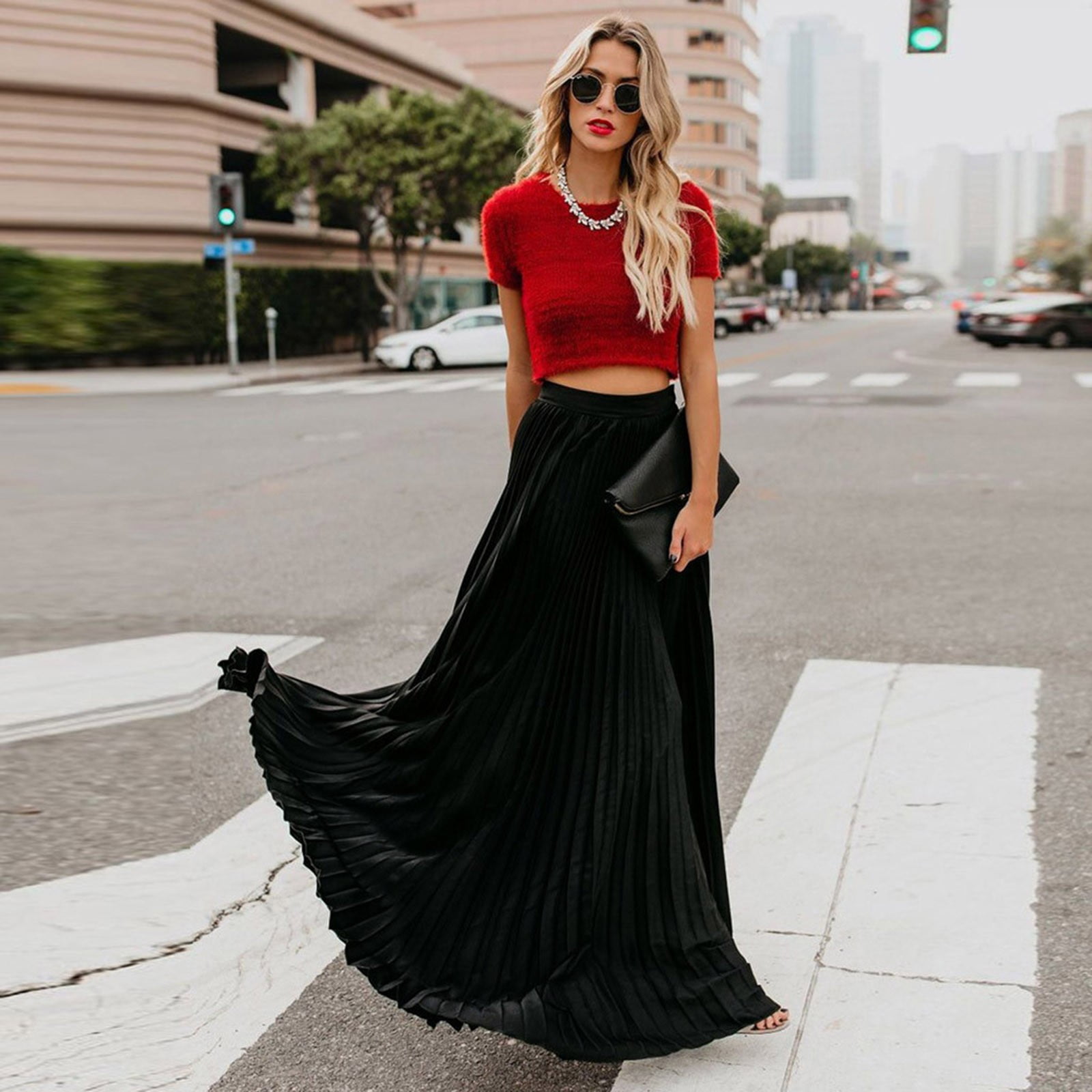 Maxi Skirts for Women 2025 Solid Color High Waist Pleated