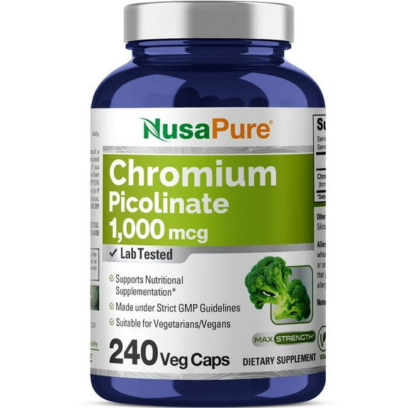 NusaPure Chromium Picolinate 1000mcg - 240 Veg Capsules: Non-GMO & Vegan, Dietary Supplement for Unisex Adult Heath & Wellness