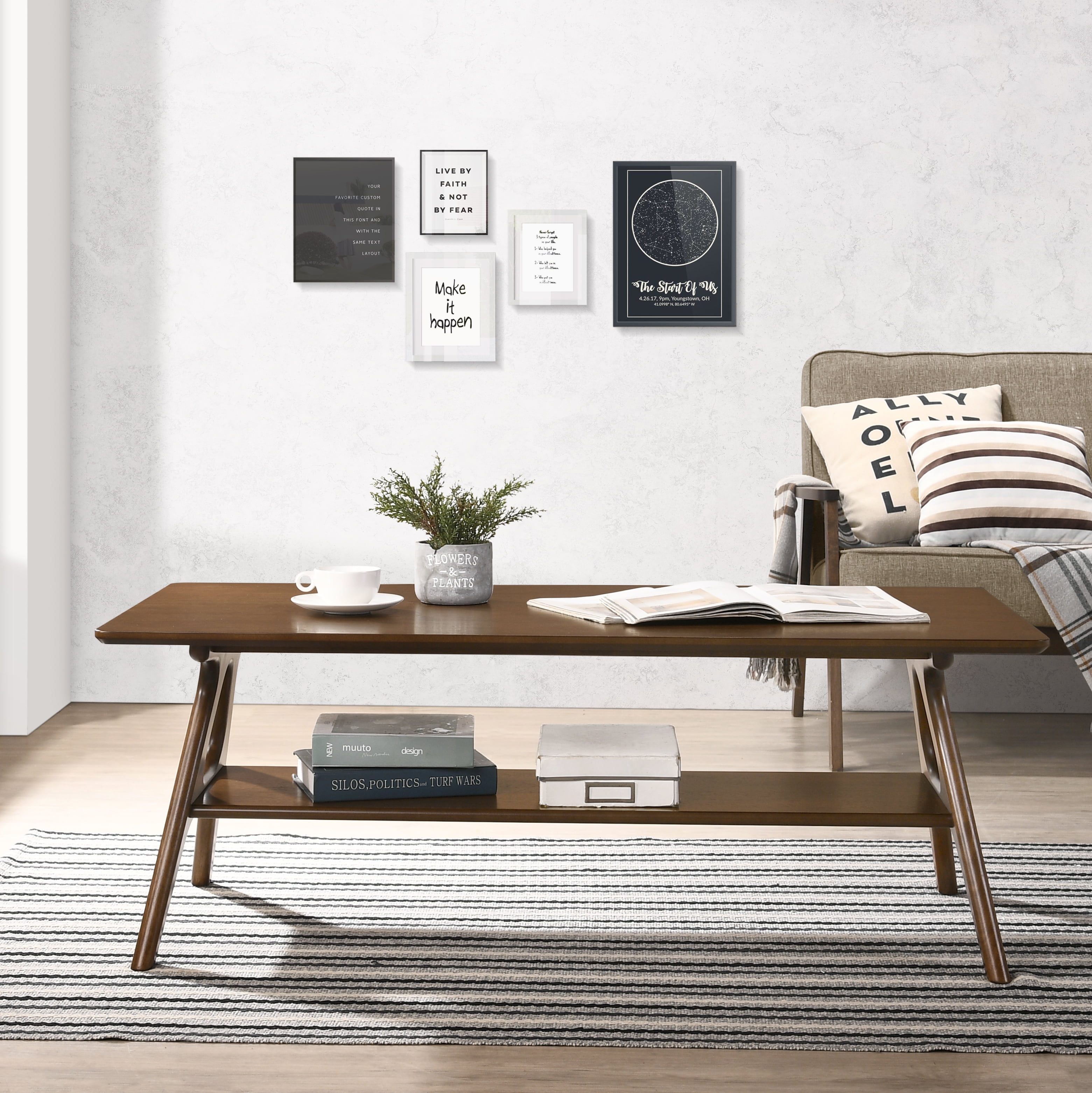 Roundhill Furniture Arona 3-Piece Coffee Table Set, Coffee Table and Two End Tables, Walnut Finish