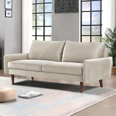 Sofa 3 Seat Modern European Velvet Couch with Tapered Wooden Legs Padded Seat and Back Cushions for Living Room Ivory Polyester Upholstery Sleek Contemporary Design Oversized