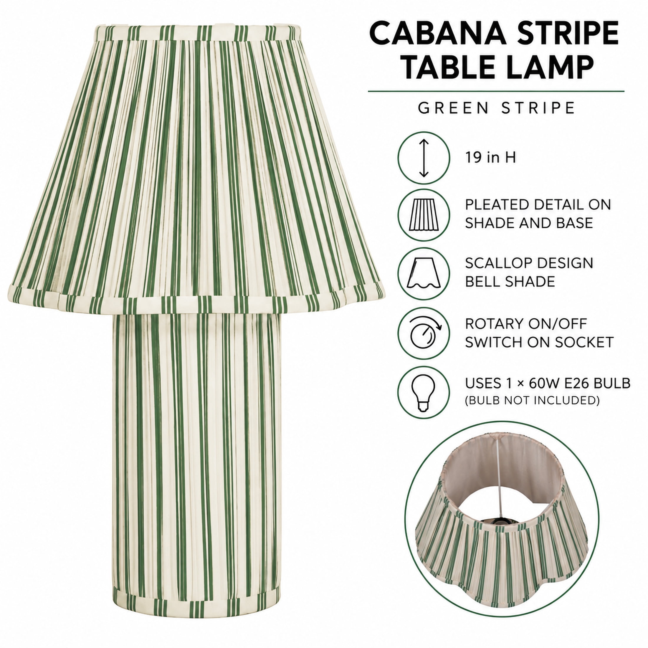 Beautiful 19 in Cabana Stripe Fabric Table Lamp with Scalloped Shade, Green and Arctic White