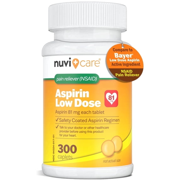 NUVICARE Low Dose Aspirin 81mg for Adults Coated Caplets - Compare to Active Ingredient in Low Dose Bayer Aspirin for Adults - Safety Coated (300 Count)