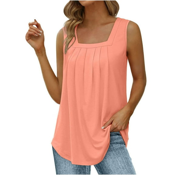 ZQGJB Summer Tank Tops for Women Loose Fit Pleated Square Neck Sleeveless Tops Cute Plain Tees Loose Fit Curved Hem Flowy Tunic Blouse Pink XL