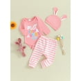thumbnail image 4 of Elippeo Baby Girls Easter Infant Baby Girls Boys Pants Sets 3M 6M 12M 18M Long Sleeve Letter Bunny Print Romper Tops Striped Pants Hat Set, 4 of 9