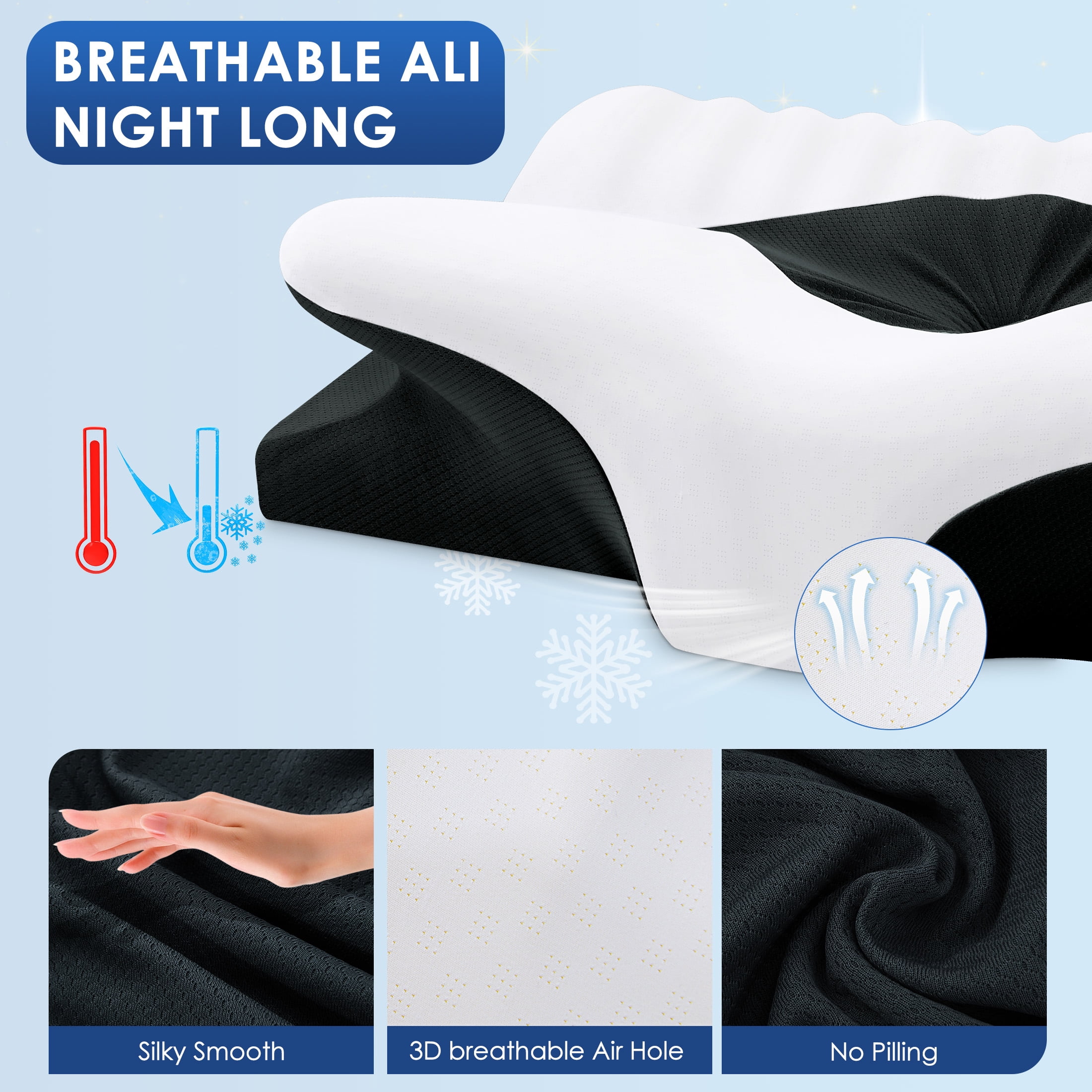 Ergonomic Cervical Memory Foam Pillow for Neck Pain Relief, Orthopedic Contour Pillow with Breathable Cover, for Side, Back, and Stomach Sleepers, Queen Size 23.6"x14.2"x4.7", Black