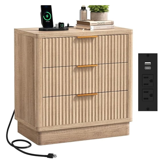 Sunshen 24" Fluted Nightstands, Natural Oak Nightstand with Charging Station, Night Stands with 3 Drawers & USB Port, Farmhouse Bedside Tables, Modern Wide Nightstands, Wood End Tables for Bedroom