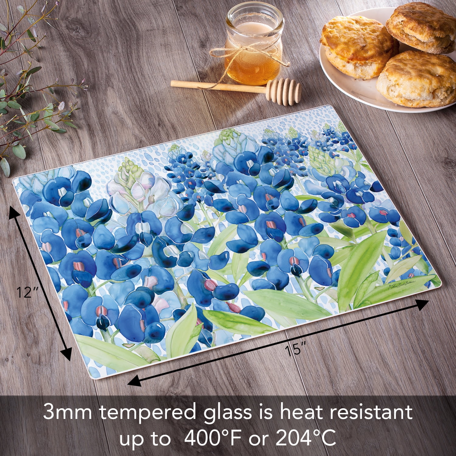 CounterArt Bluebonnets Tempered Glass Cutting Board 15" x 12"