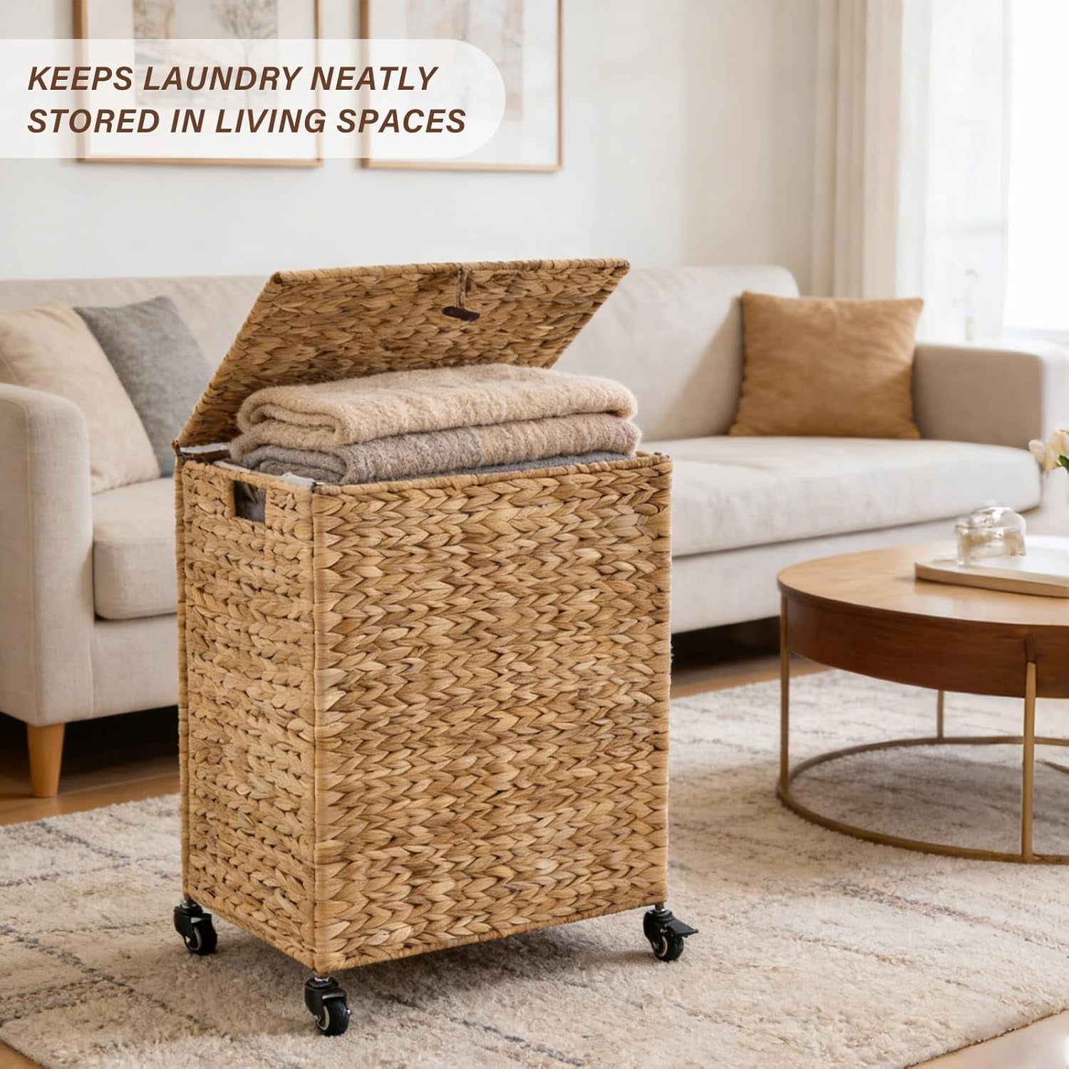 Casa Pura Furniture 90L Natural Hand-Woven Water Hyacinth Laundry Hamper with Wheels, Lid & Removable Washable Liner, Clothes Storage Basket for Bathroom & Laundry Room