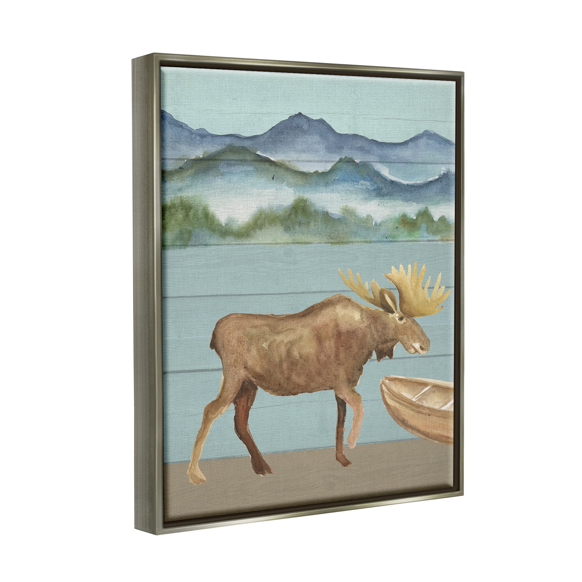 Stupell Industries Rustic Moose at Lake Animals & Insects Painting Gray Floater Framed Art Print Wall Art, 25 x 31