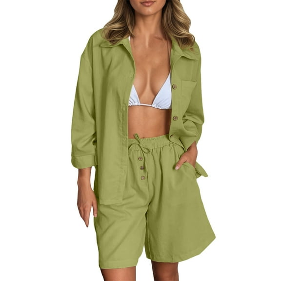 TANYSU Women's Casual Long Sleeve Shirt And Shorts Sets Loose Fit Summer Outfits Basic Solid Color Button Blouse Shorts Two Piece Outfits For Daily Wear Versatile