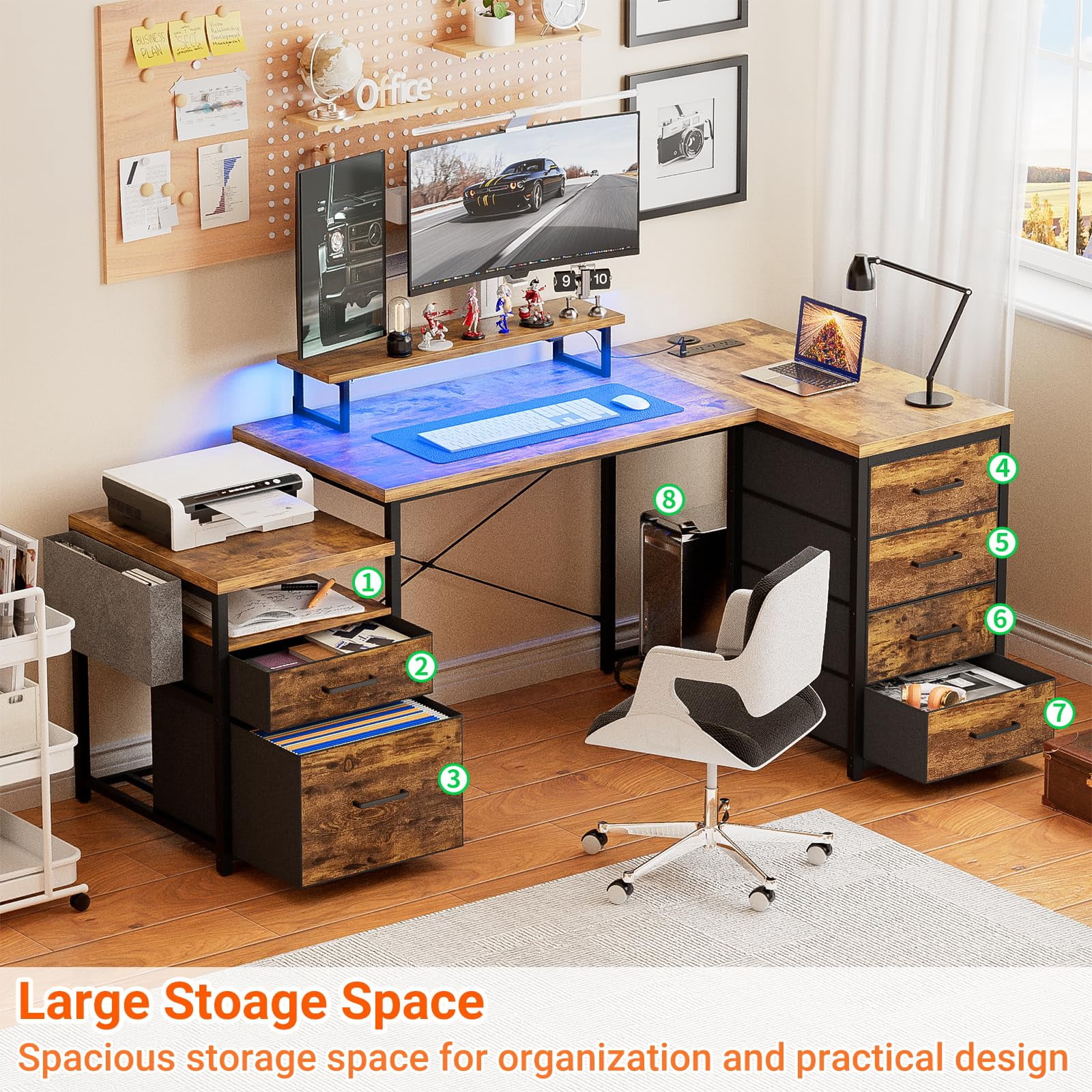 Homieasy Reversible L Shaped Computer Desk with Fabric File Drawers, 70.8" Large Office Desk with RGB LED Lights & Power Outlets & Monitor Stand & CPU Stand, Sturdy Corner Gaming Desk, Rustic Brown