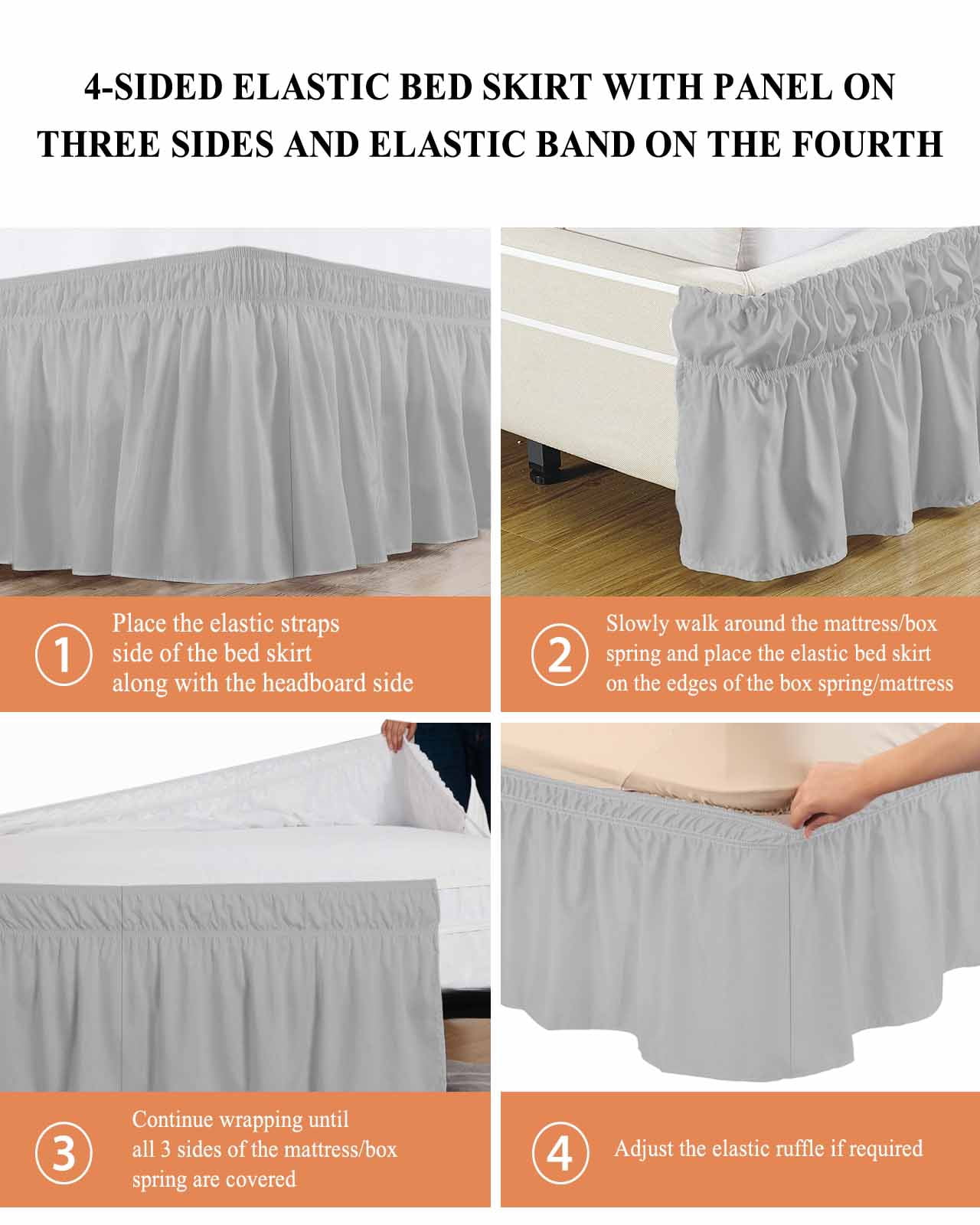 Grey Wrap Around Bed Skirts for Queen Bed 18" Drop, Bed Skirt with Adjustable Elastic Belt Dust Ruffle Bed Valance for Bedroom Hotel Luxury Modern Pure Gray Bed Frame Cover