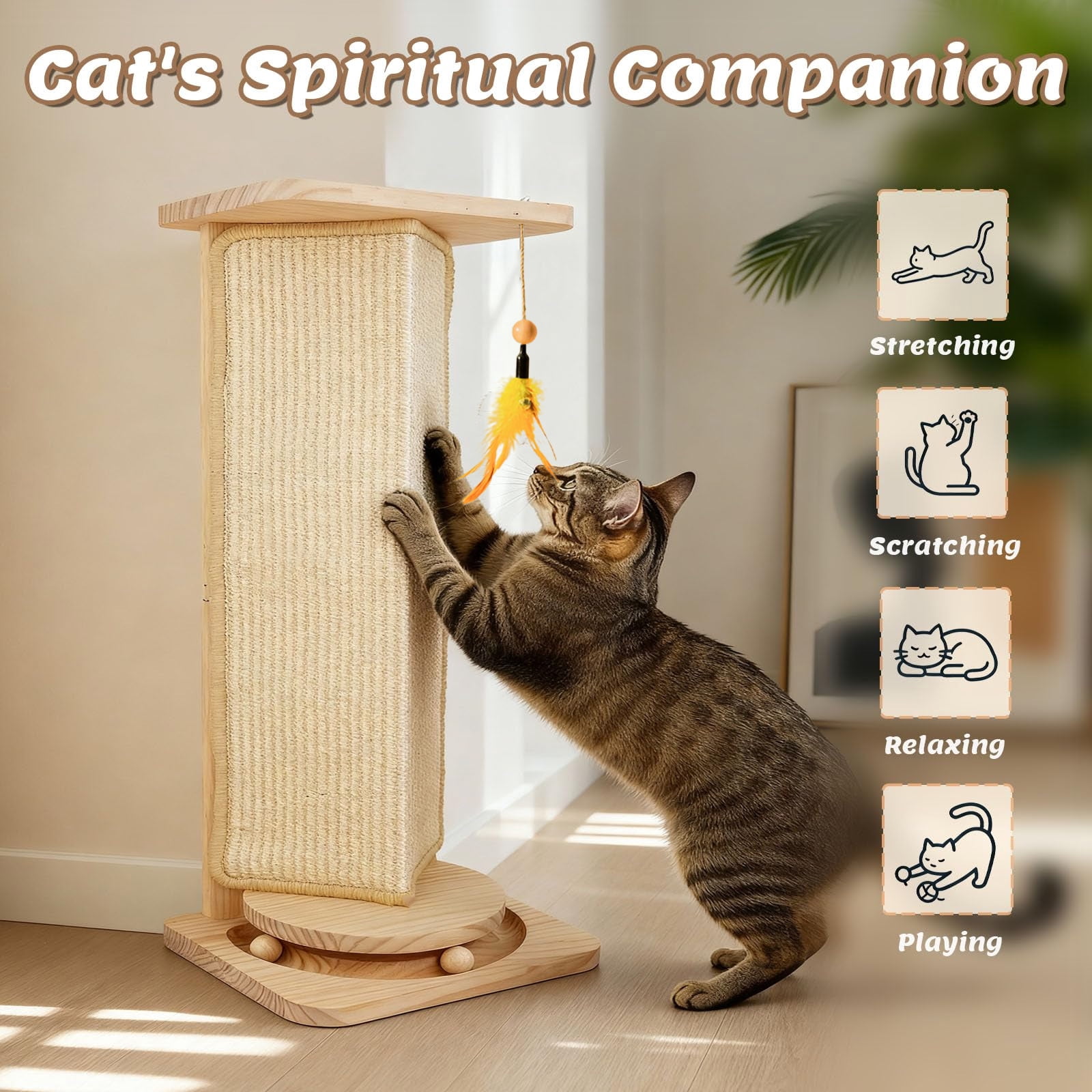 23" Under-Furniture Cat Scratcher, Sisal Scratching Post for Couch Corner, Furniture Protector Scratch Pad for Sofa with Toy Ball