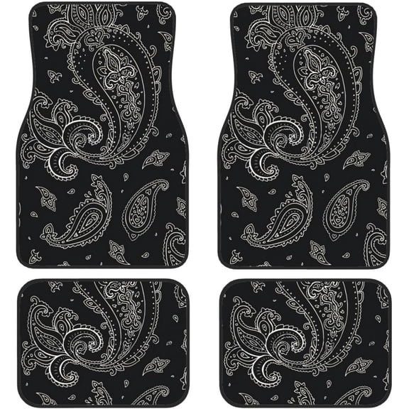 Black Paisley Car Front and Rear Floor Mats, Car Mats, Complete Set of 4 Carpets, All Weather Protection