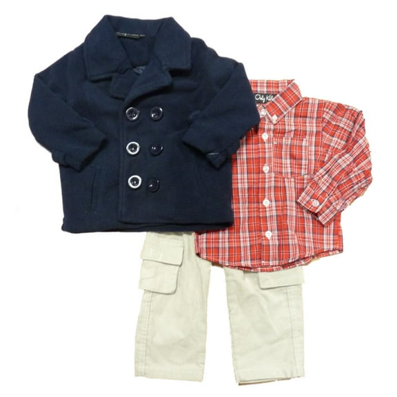 Only Kids Infant Boys 3 Outfit Tan Cord Pants Red Plaid Shirt & Blue Peacoat 24m