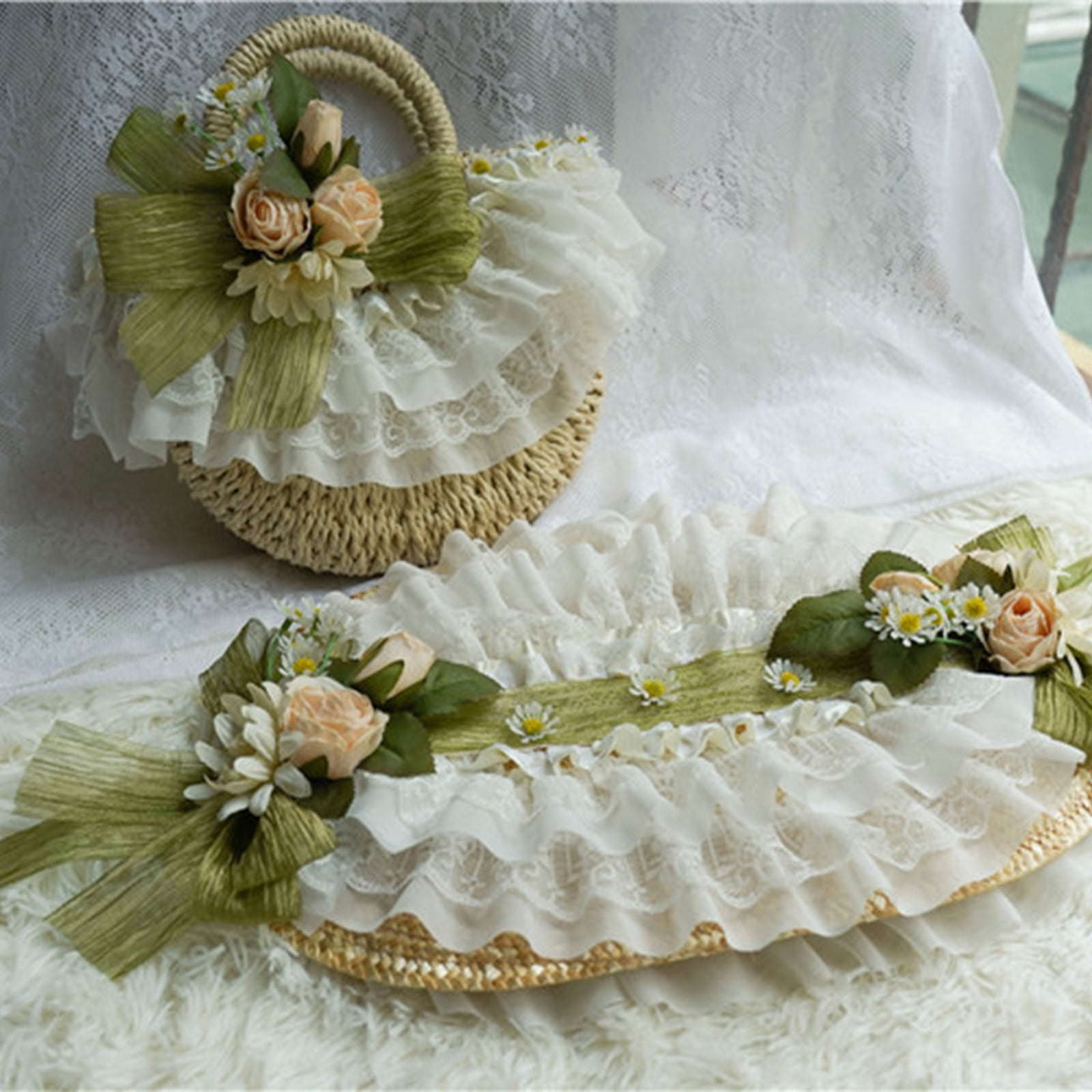 COOLHOOD Teas Party Sun Hat Lace Fascinators For Women Lolit Straw Hat Victorian Bonnet Victorian Headdress Flower Straw Hat