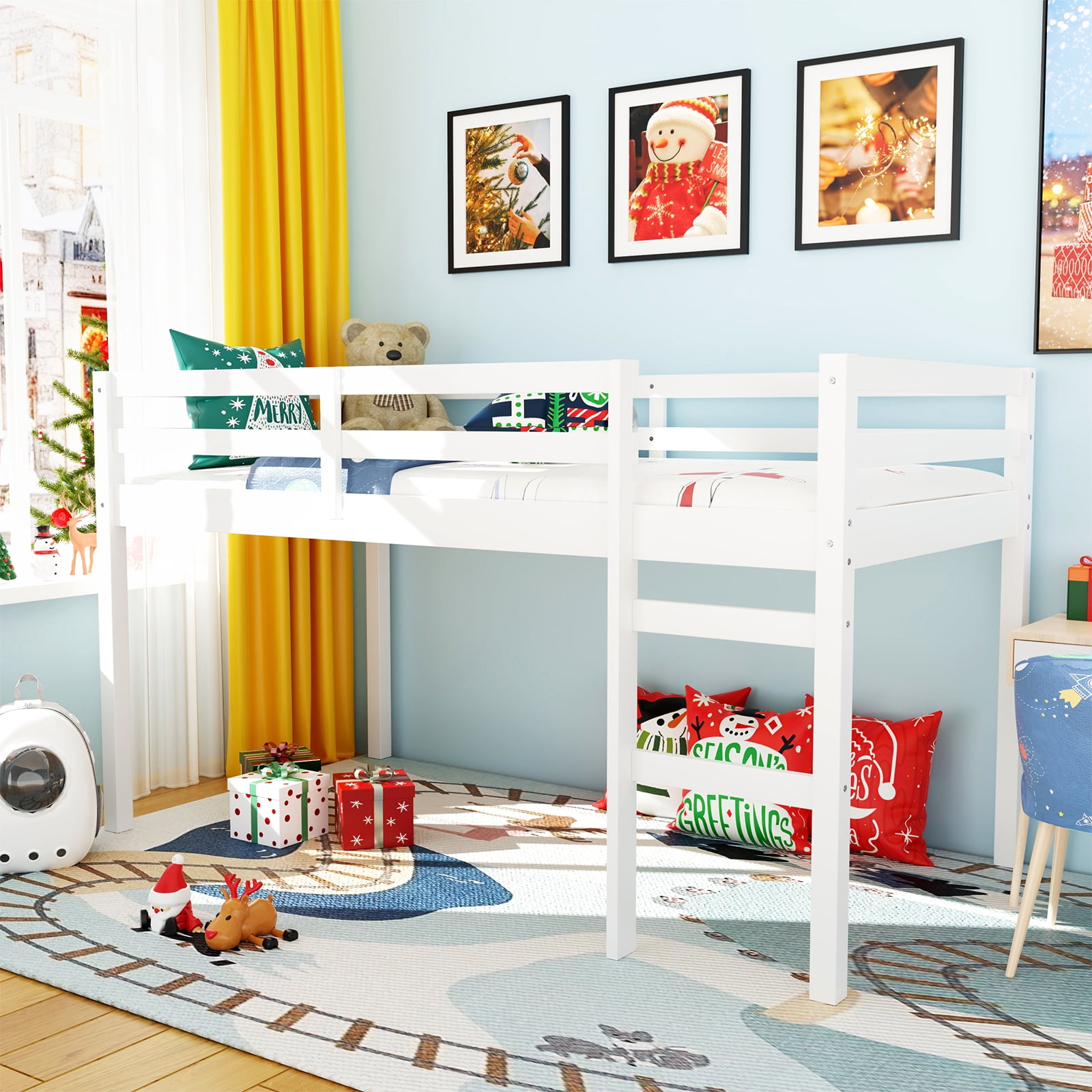 Miniyam Wood Twin Size Loft Bed for Kids, Space-Saving Design, White